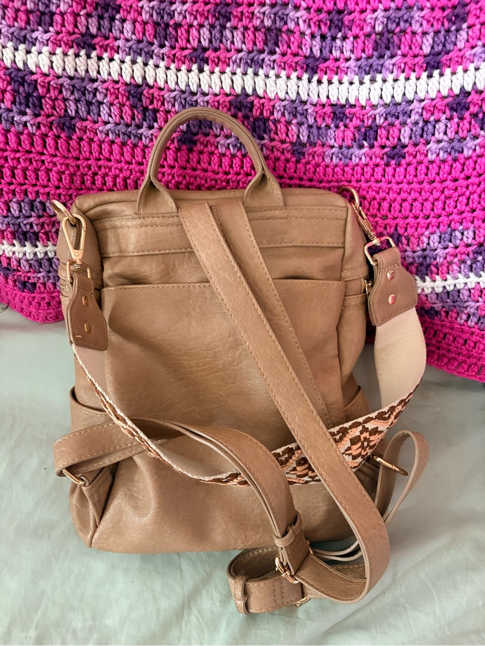 Women's Taupe Leather Convertible Backpack Tote
